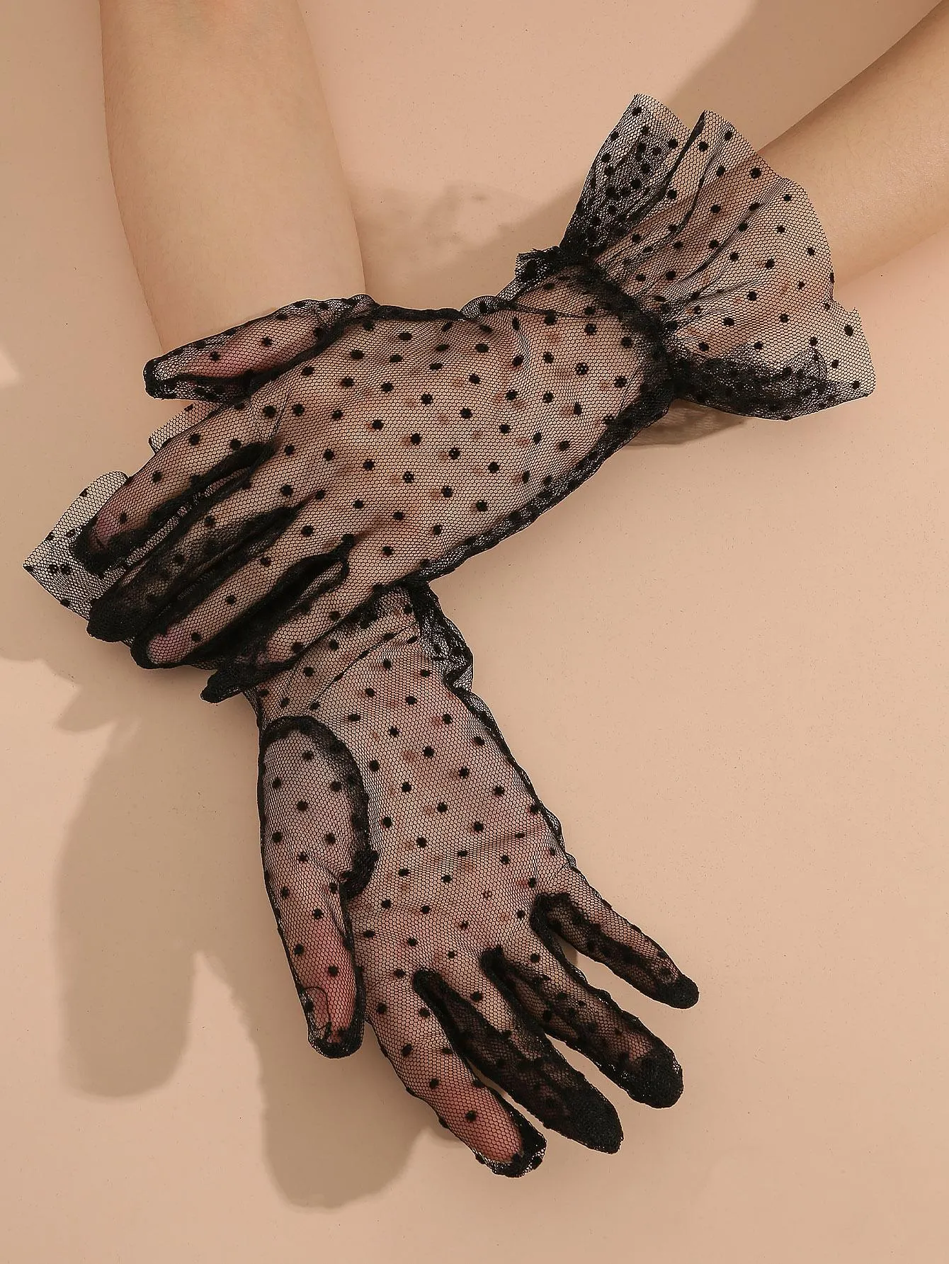 1pair Women Polka Dot Pattern Ruffle Trim Bridal Gloves For Wedding