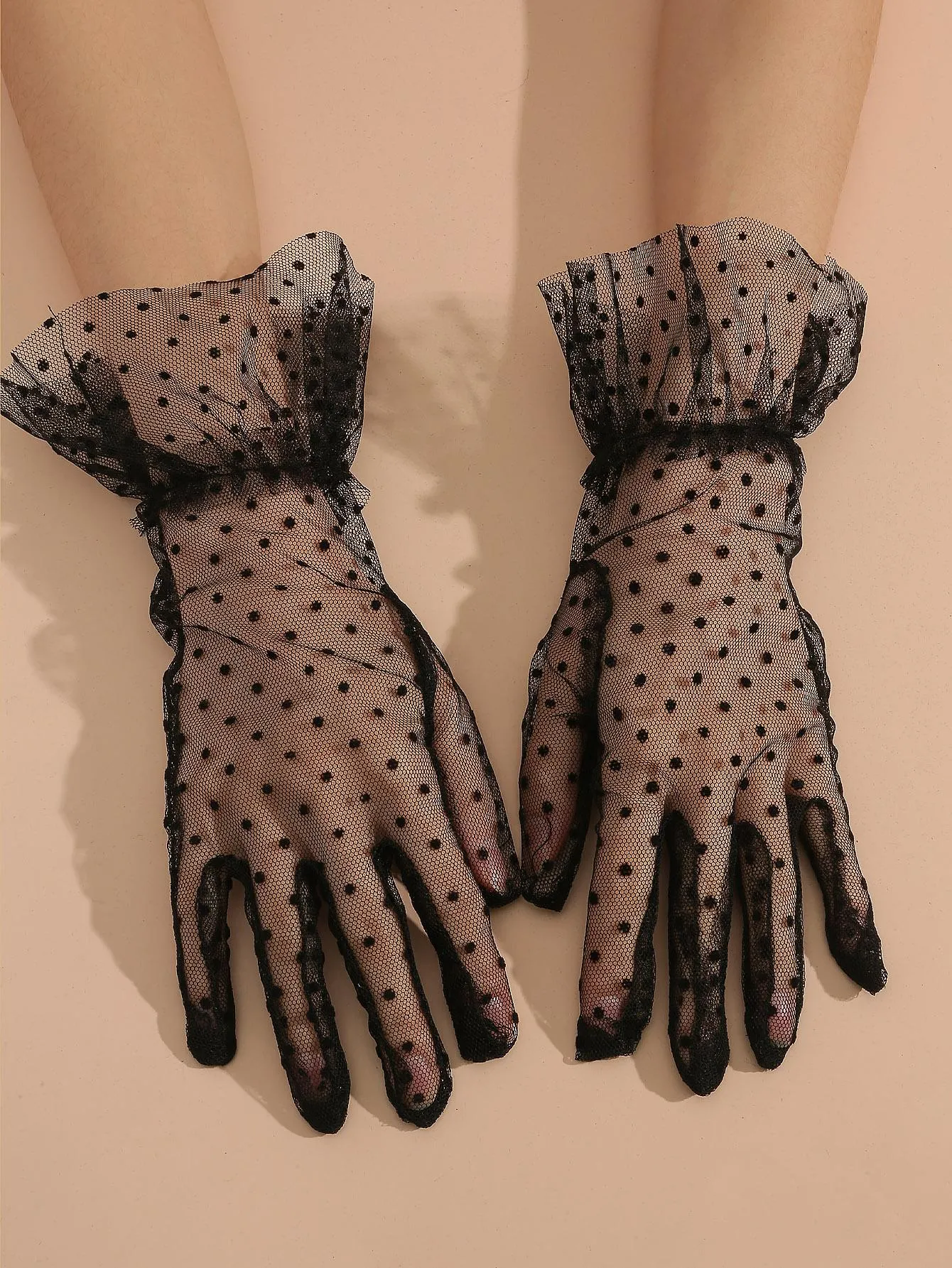 1pair Women Polka Dot Pattern Ruffle Trim Bridal Gloves For Wedding