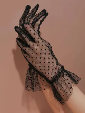 1pair Women Polka Dot Pattern Ruffle Trim Bridal Gloves For Wedding