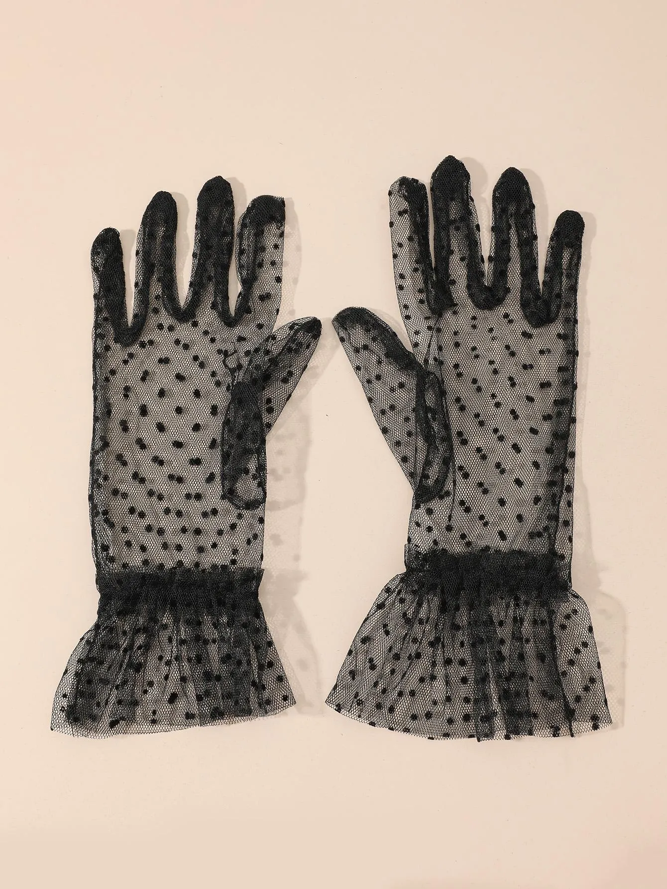 1pair Women Polka Dot Pattern Ruffle Trim Bridal Gloves For Wedding