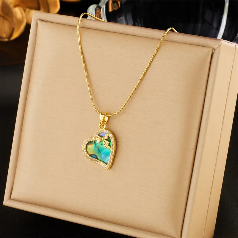 316L Stainless Steel Colorful Butterfly Heart Flowers Pendant Necklace For Women