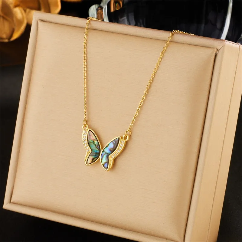 316L Stainless Steel Colorful Butterfly Heart Flowers Pendant Necklace For Women