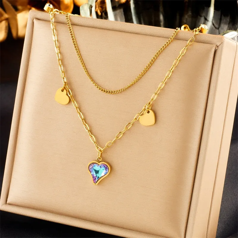316L Stainless Steel Colorful Heart Shaped Stones Pendant Necklace For Women