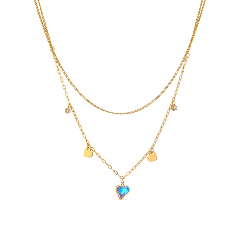 316L Stainless Steel Colorful Heart Shaped Stones Pendant Necklace For Women