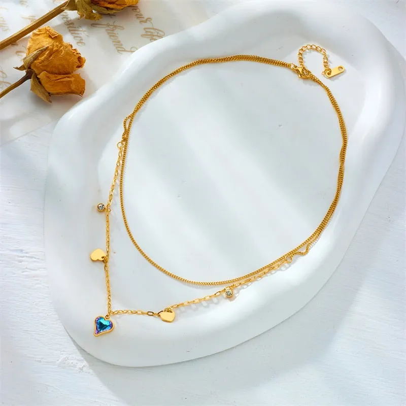 316L Stainless Steel Colorful Heart Shaped Stones Pendant Necklace For Women
