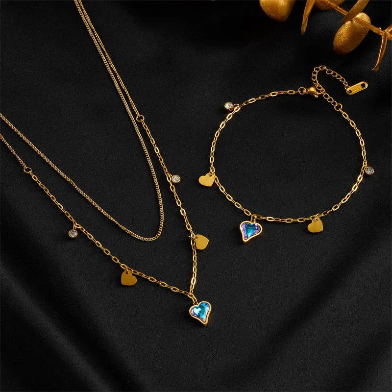316L Stainless Steel Colorful Heart Shaped Stones Pendant Necklace For Women