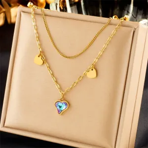 316L Stainless Steel Colorful Heart Shaped Stones Pendant Necklace For Women