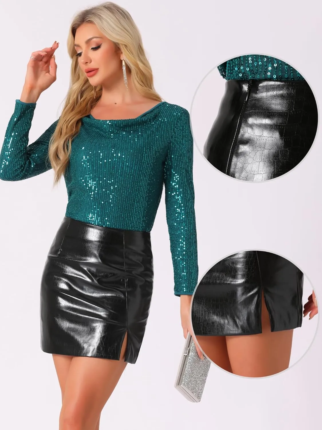 Allegra K Metallic Shiny Skirt for Women's High Waist Slit Sparkly Rave Party Bodycon Mini Skirts