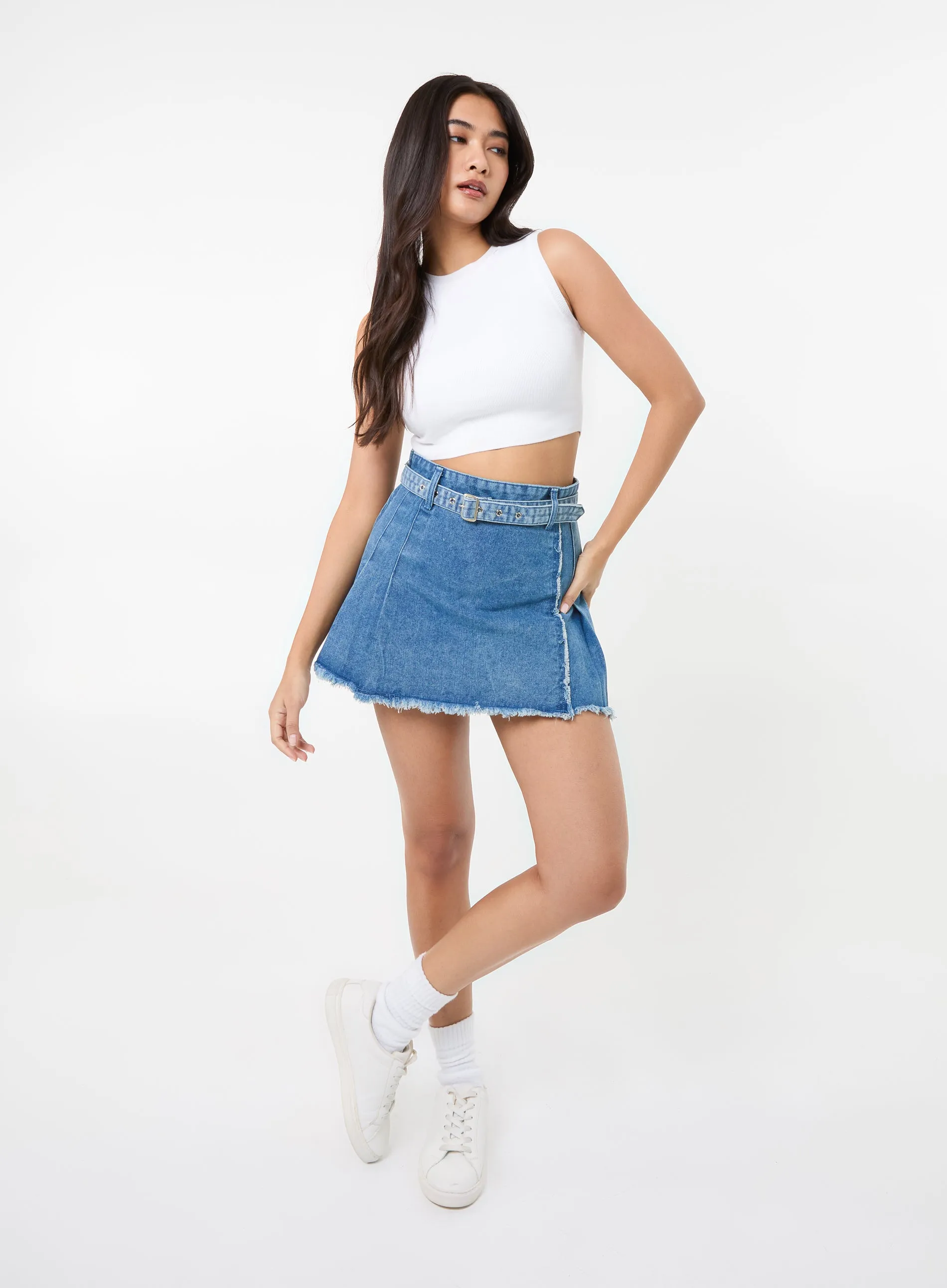 Belt Denim Pleated Mini Skirt