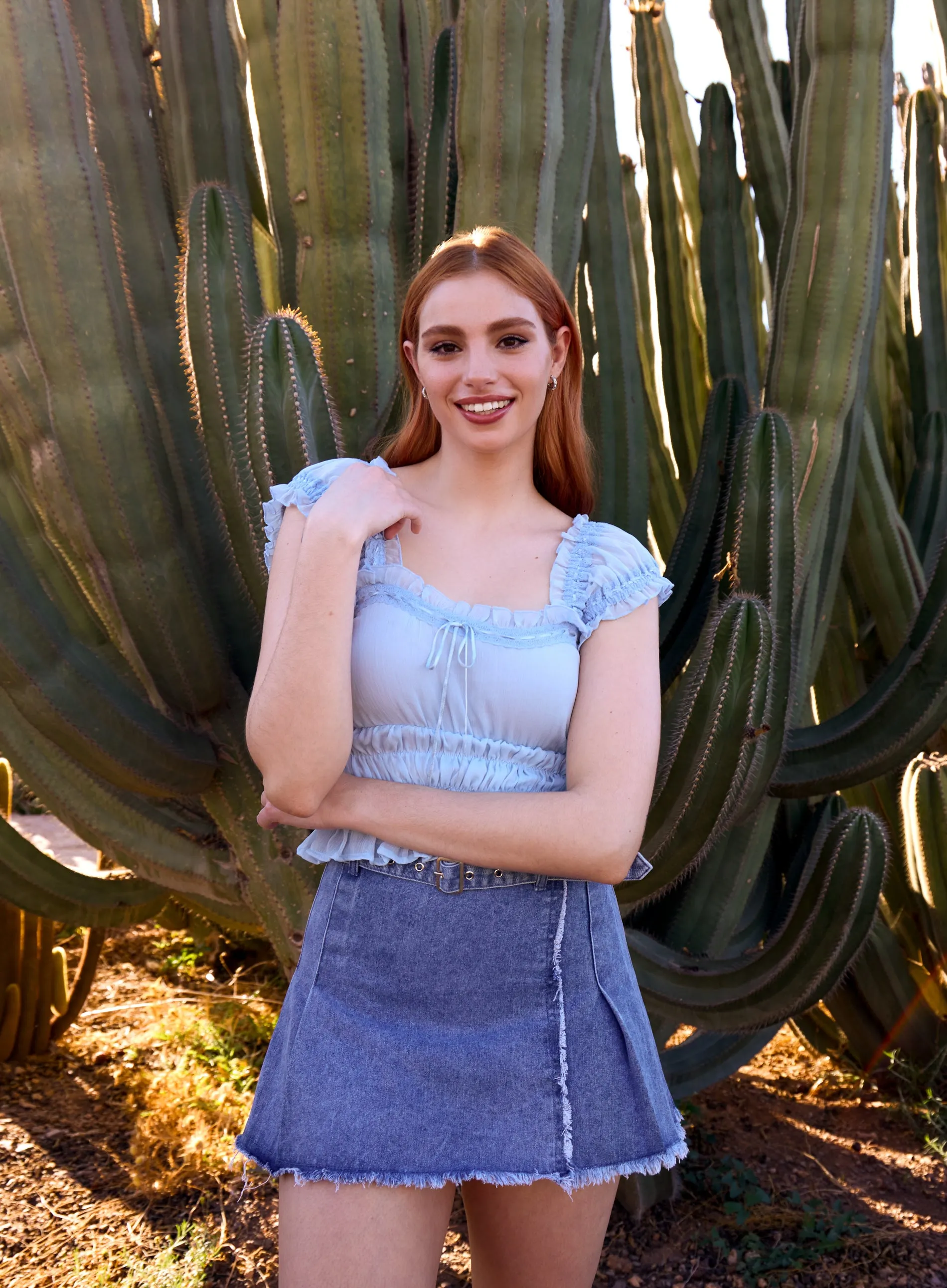 Belt Denim Pleated Mini Skirt