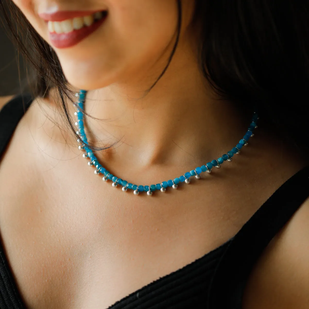 Blue Apatite Necklace with Silver Beads