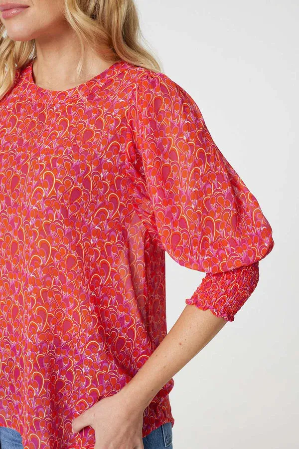 Caroline K Morgan 3/4 Balloon Sleeve Printed Blouse Red Pink 8