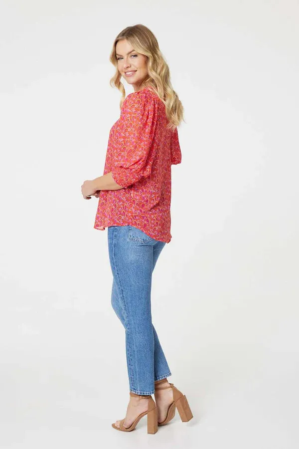 Caroline K Morgan 3/4 Balloon Sleeve Printed Blouse Red Pink 8