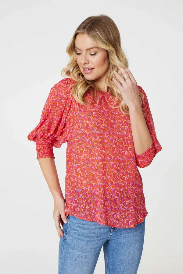 Caroline K Morgan 3/4 Balloon Sleeve Printed Blouse Red Pink 8