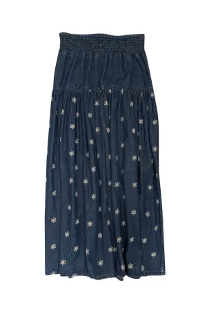 Double D Ranch - Blue Denim w/ White Eyelet Flowers Maxi Skirt Sz 8