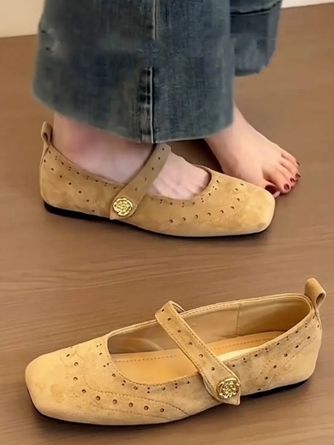 Eyelet Square Toe Flat Slip-Ons