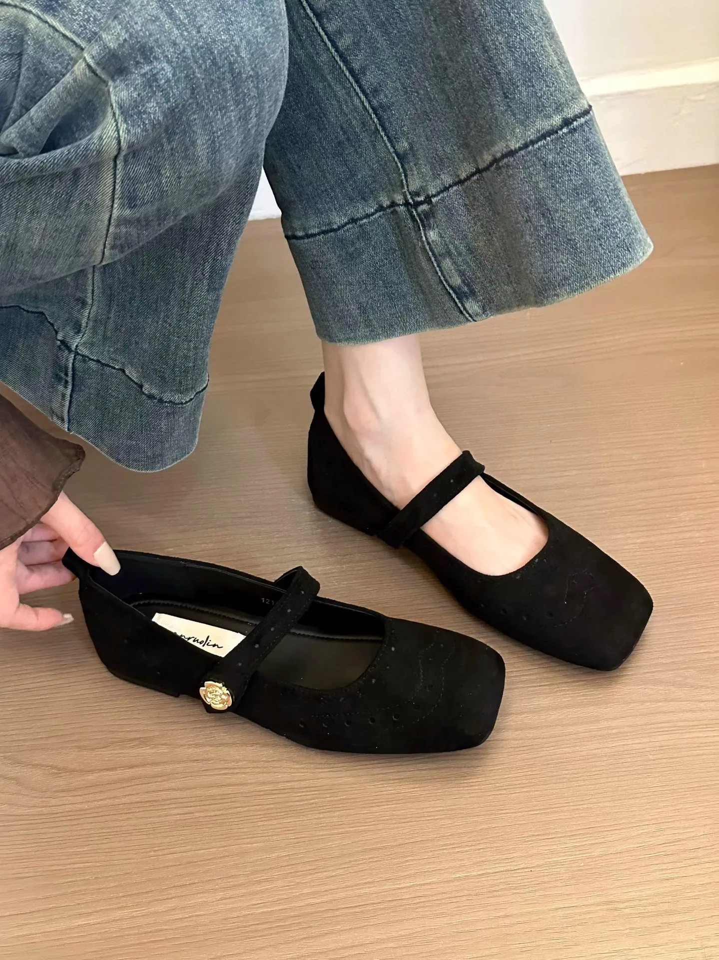 Eyelet Square Toe Flat Slip-Ons