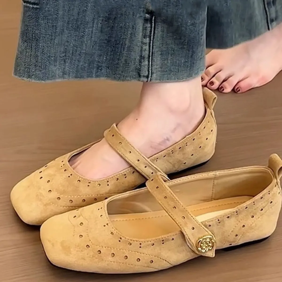 Eyelet Square Toe Flat Slip-Ons