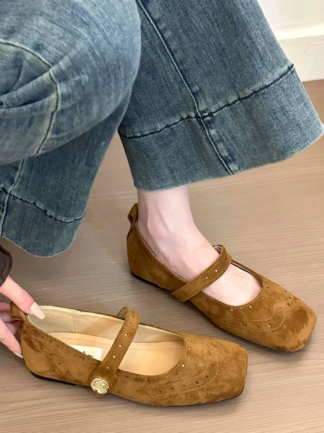 Eyelet Square Toe Flat Slip-Ons