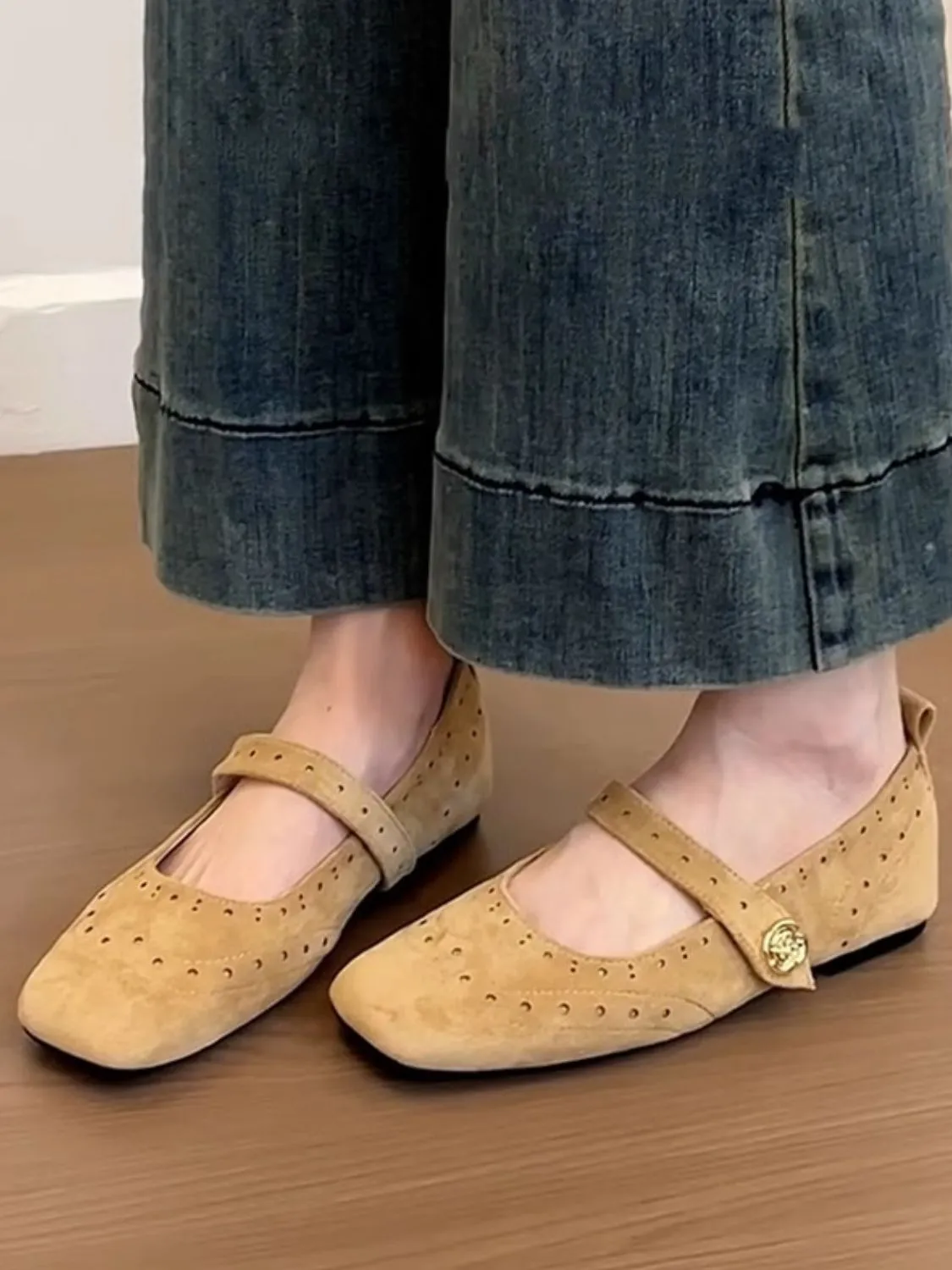 Eyelet Square Toe Flat Slip-Ons