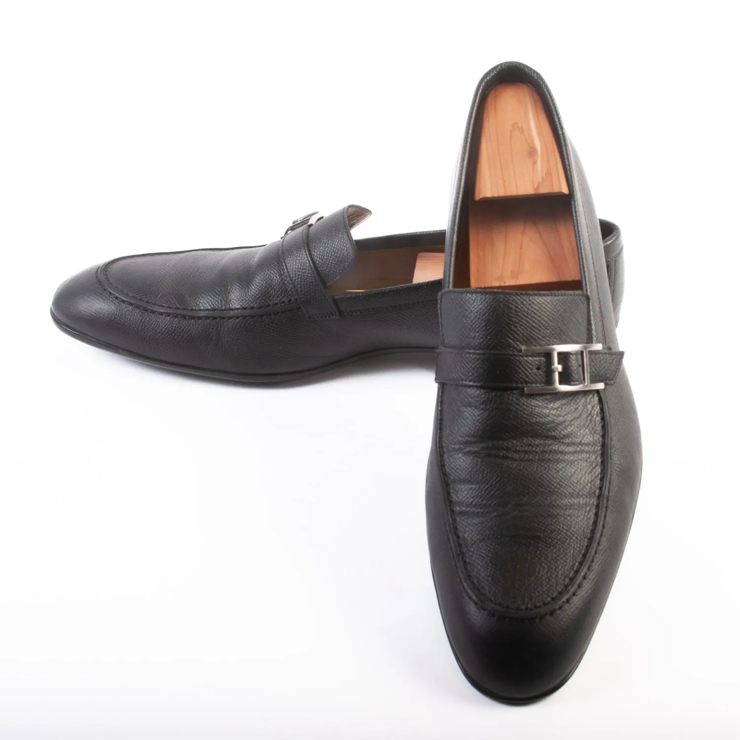 Hermes Black Textured Leather Loafers