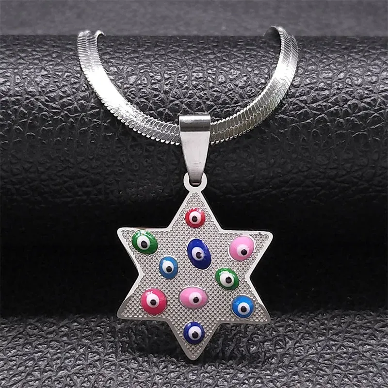 Hexagram Colorful Lucky Eye Necklace for Women Stainless Steel Gold Color Female Chain Necklaces