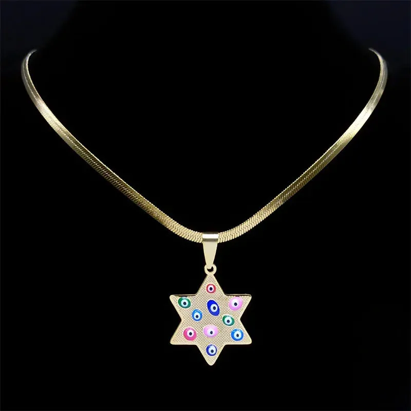 Hexagram Colorful Lucky Eye Necklace for Women Stainless Steel Gold Color Female Chain Necklaces