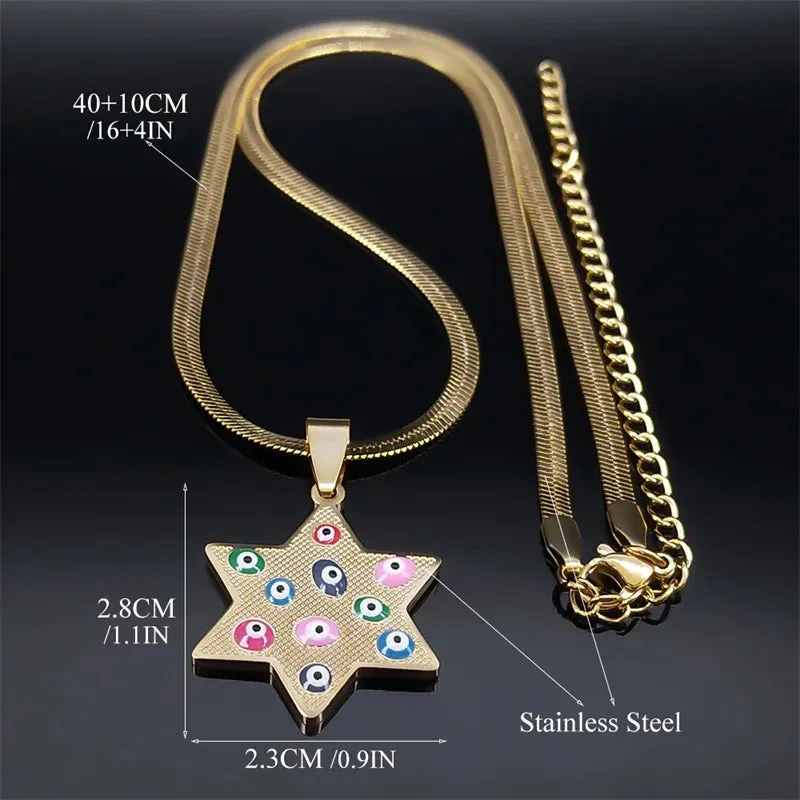 Hexagram Colorful Lucky Eye Necklace for Women Stainless Steel Gold Color Female Chain Necklaces