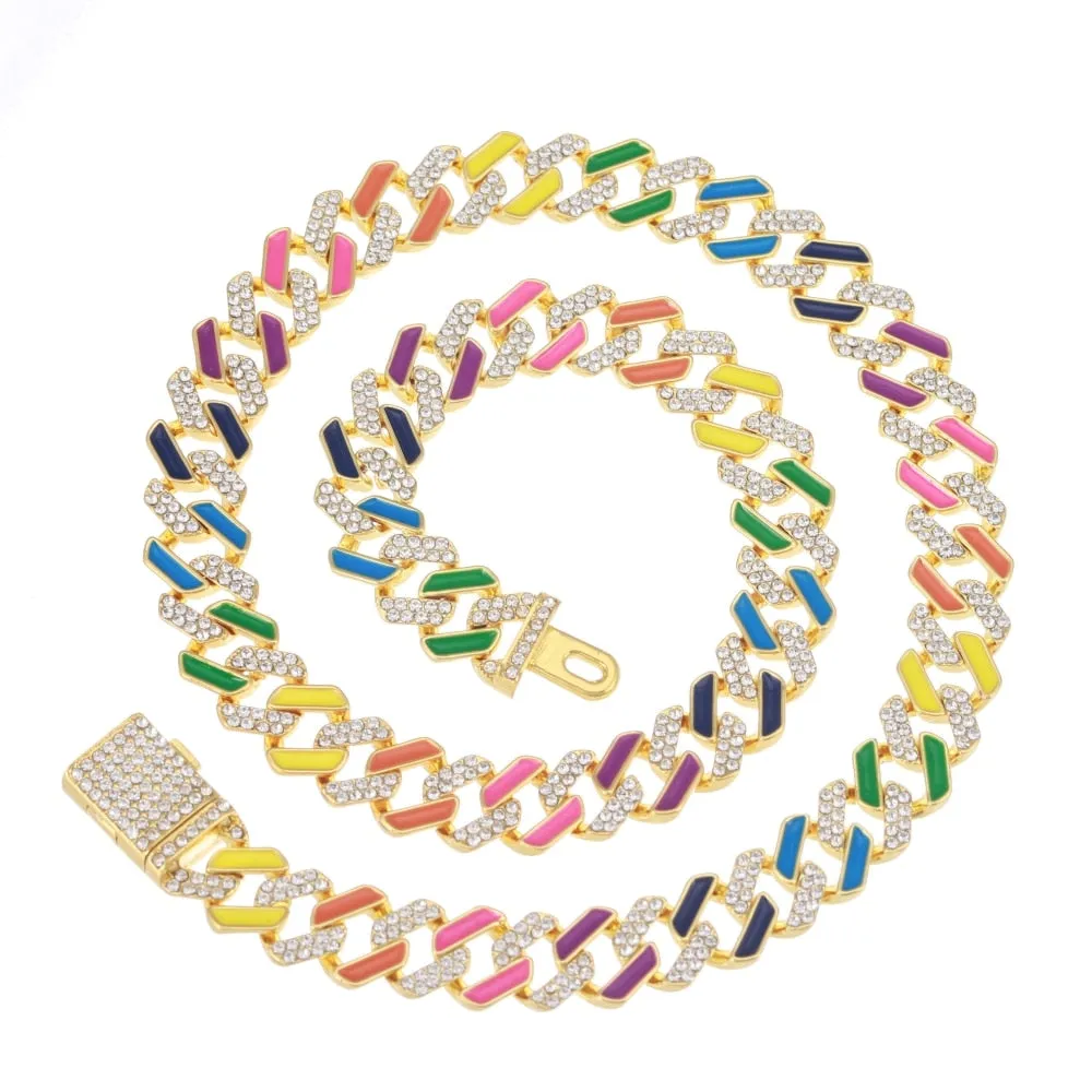 Hip Hop Iced Out Paved Rhinestones  13MM Colorful Full Miami Curb Cuban Chain