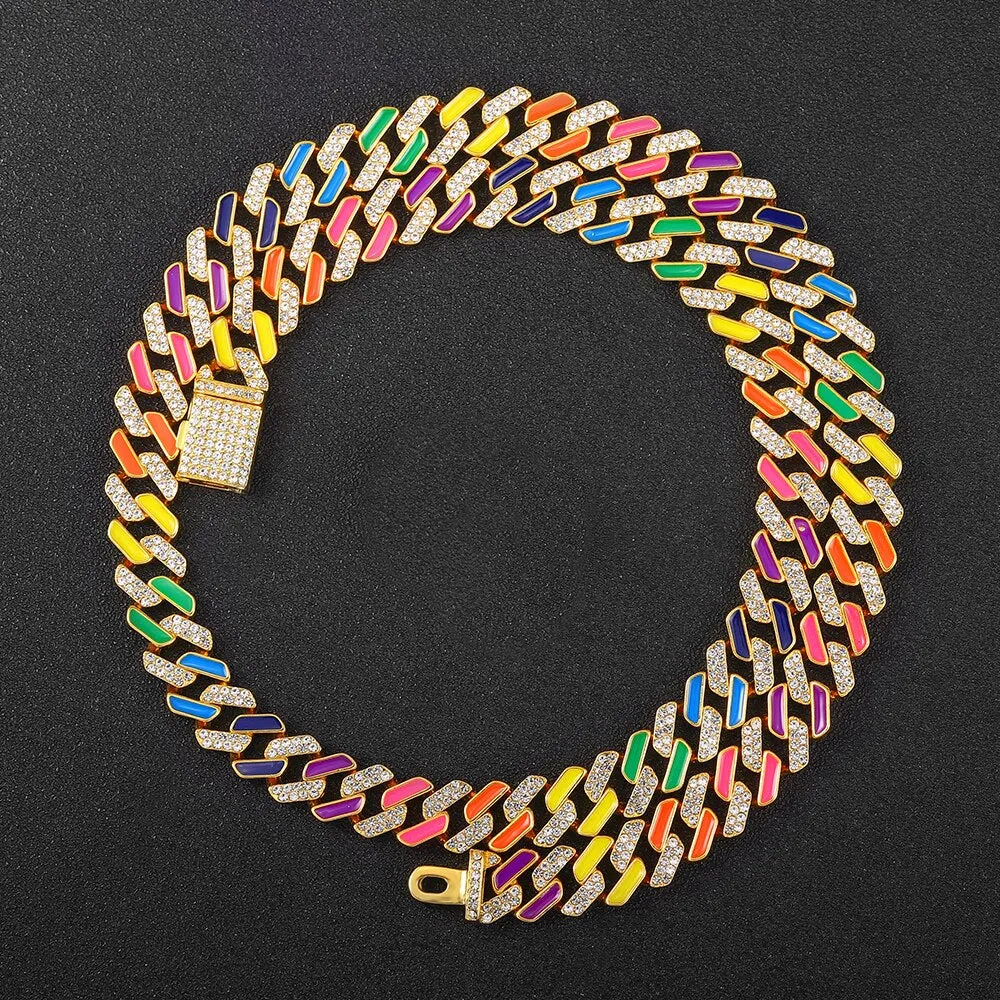 Hip Hop Iced Out Paved Rhinestones  13MM Colorful Full Miami Curb Cuban Chain