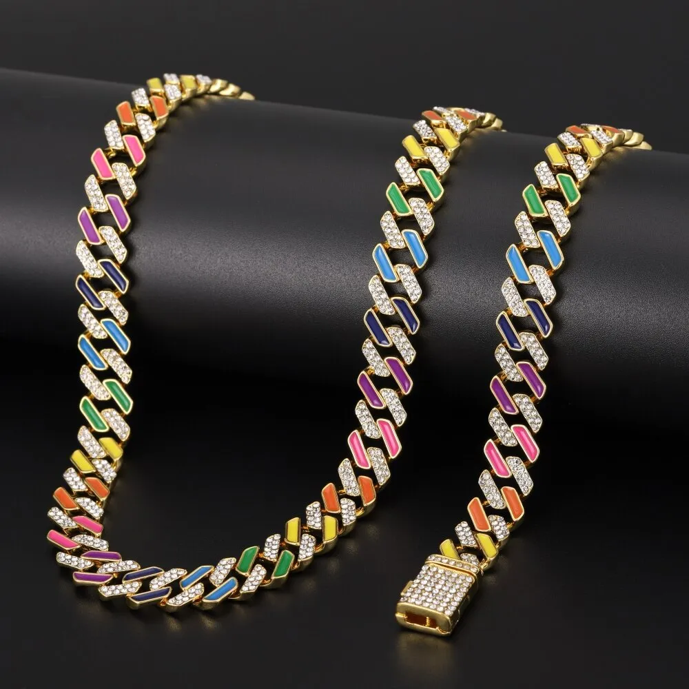 Hip Hop Iced Out Paved Rhinestones  13MM Colorful Full Miami Curb Cuban Chain