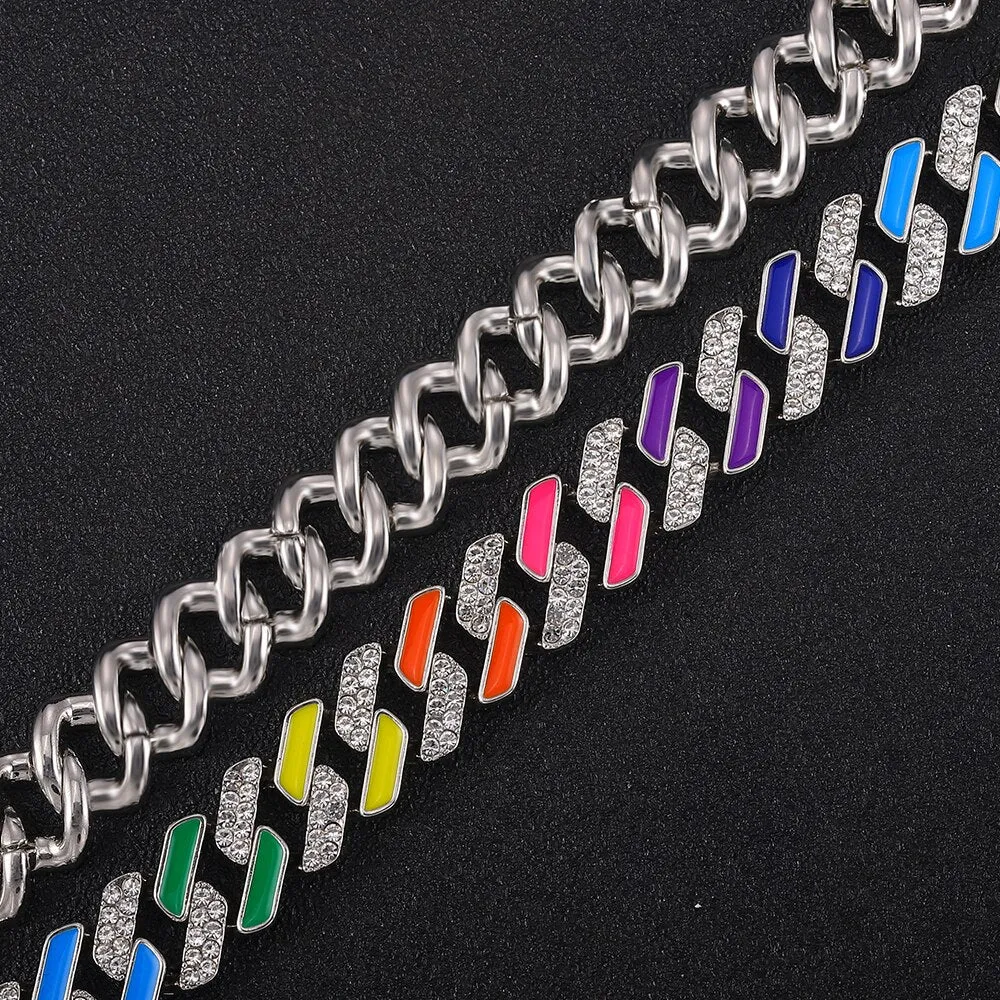 Hip Hop Iced Out Paved Rhinestones  13MM Colorful Full Miami Curb Cuban Chain