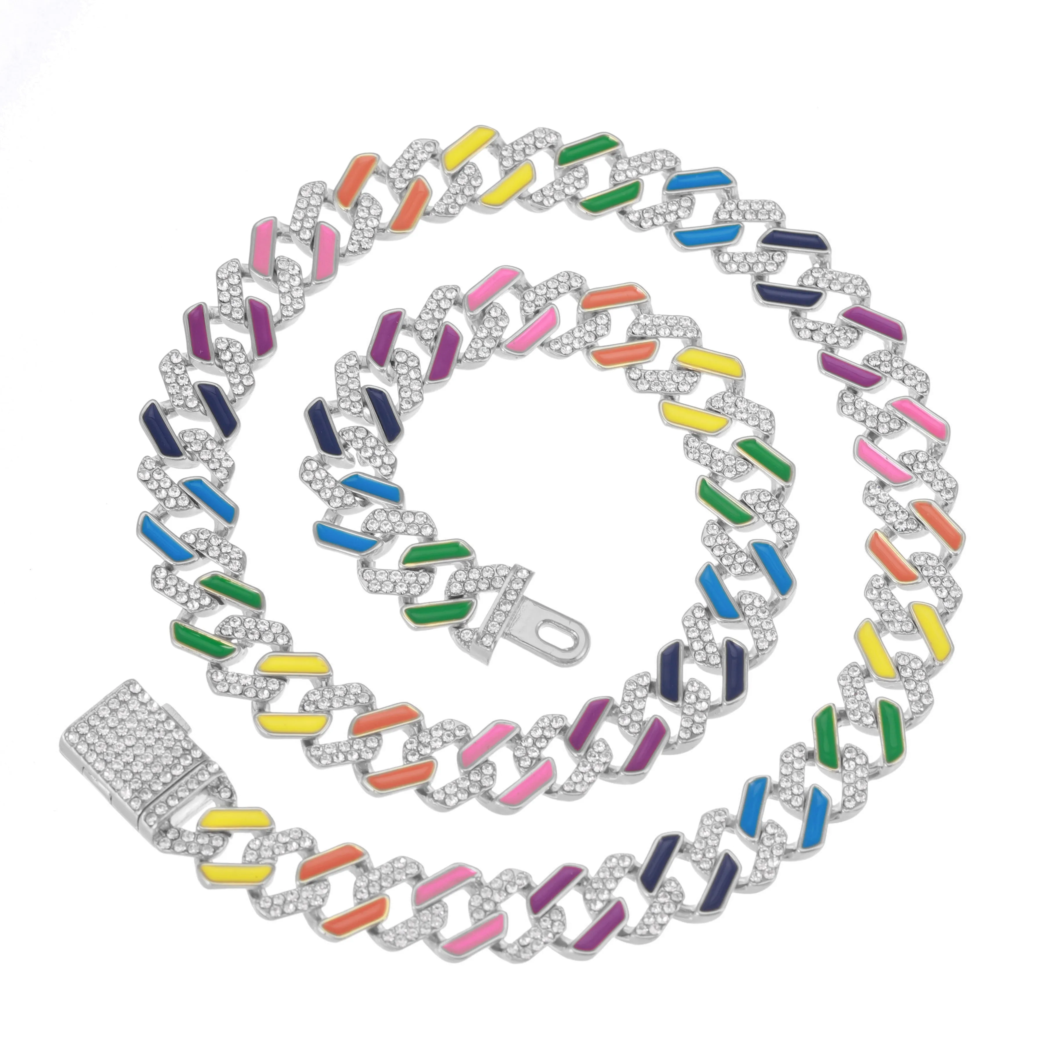 Hip Hop Iced Out Paved Rhinestones  13MM Colorful Full Miami Curb Cuban Chain