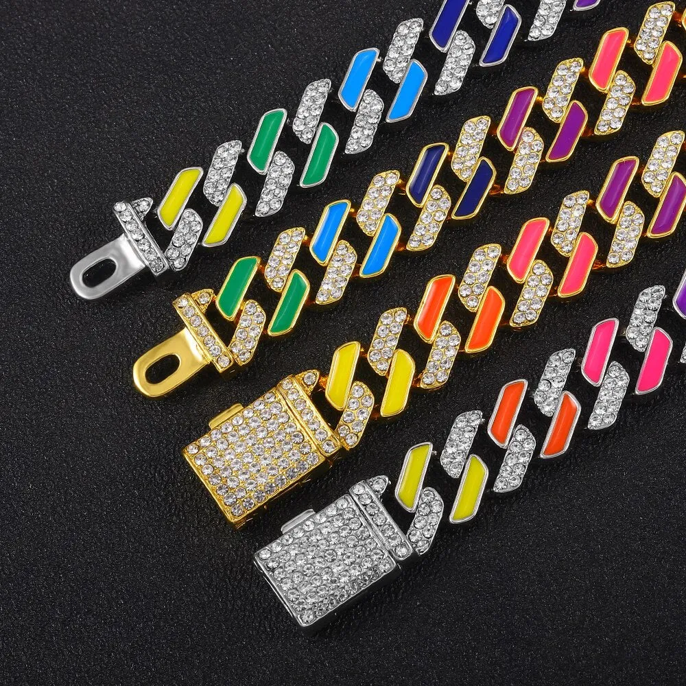 Hip Hop Iced Out Paved Rhinestones  13MM Colorful Full Miami Curb Cuban Chain