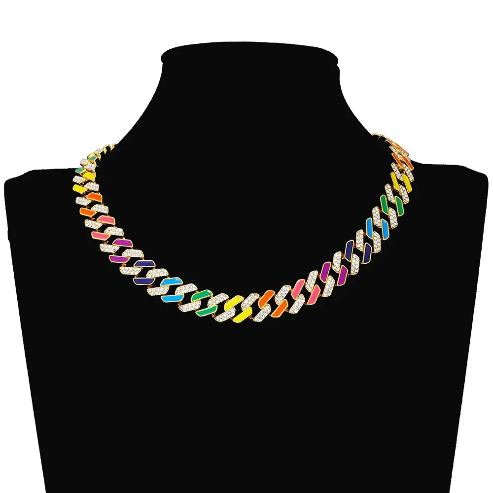 Hip Hop Iced Out Paved Rhinestones  13MM Colorful Full Miami Curb Cuban Chain