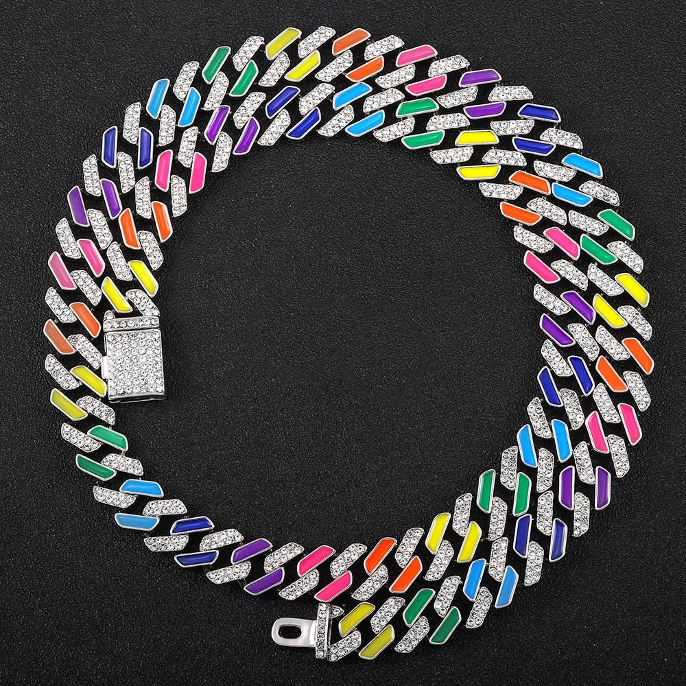 Hip Hop Iced Out Paved Rhinestones  13MM Colorful Full Miami Curb Cuban Chain