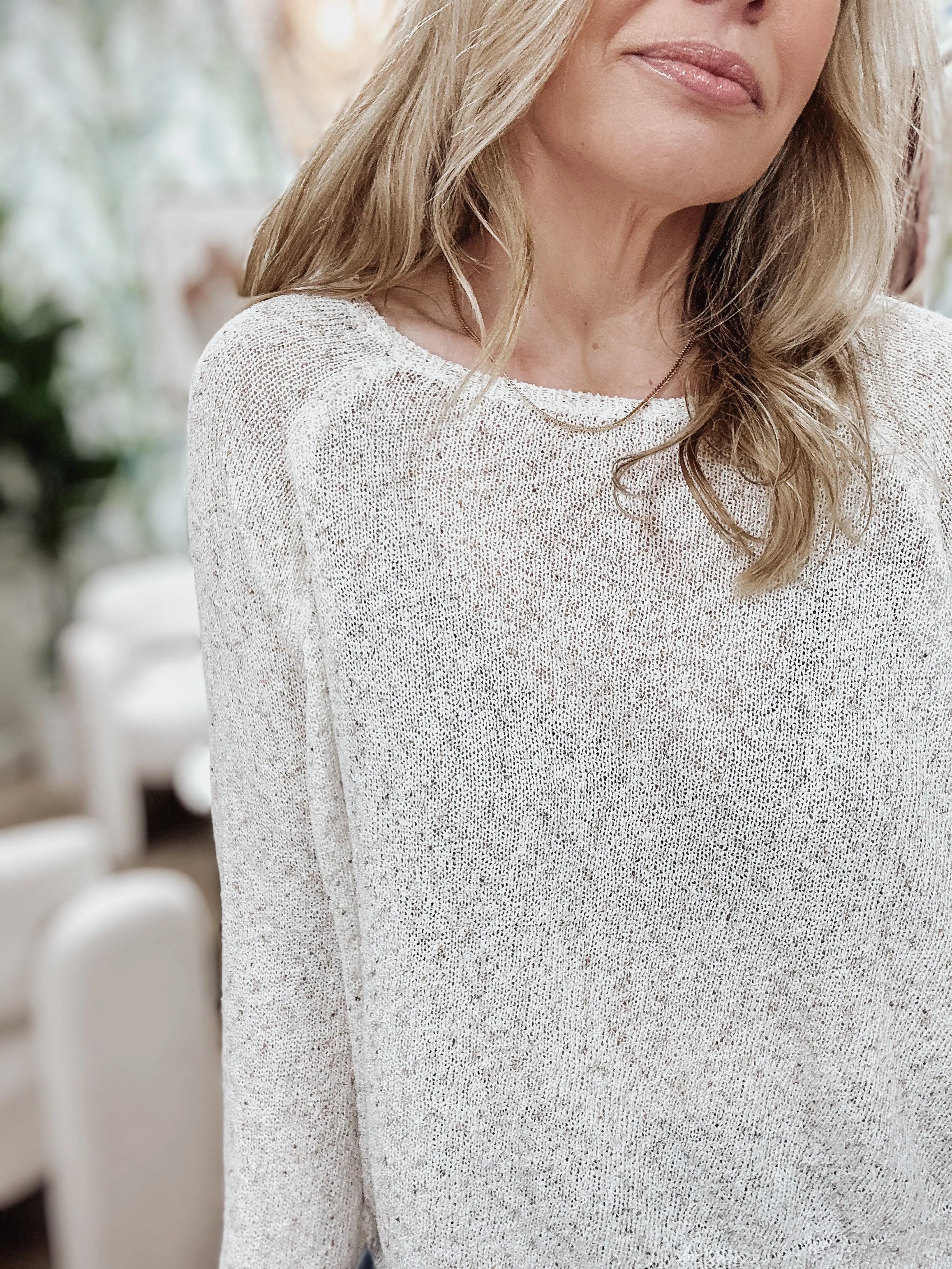 Light Knit Melange Boat Neck Sweater - Oatmeal