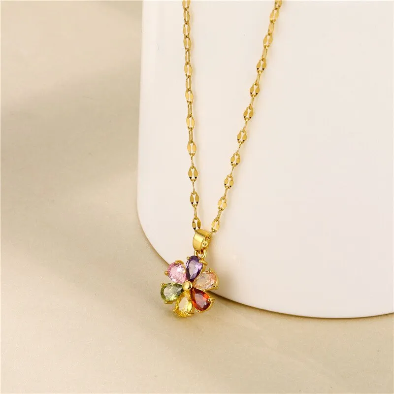 Light Luxury Colorful Rhinestone Flower Pendant Necklace For Women