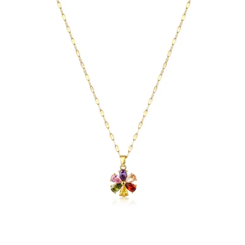 Light Luxury Colorful Rhinestone Flower Pendant Necklace For Women