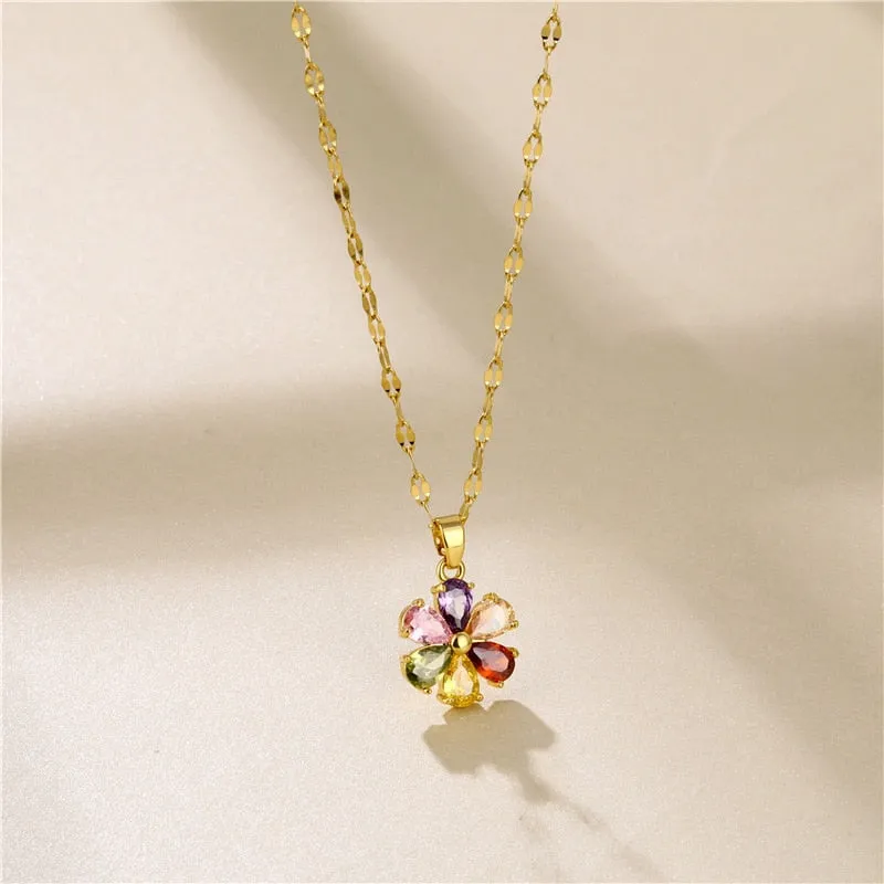 Light Luxury Colorful Rhinestone Flower Pendant Necklace For Women