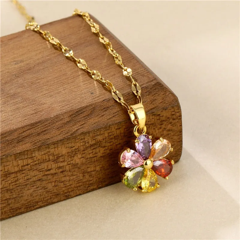 Light Luxury Colorful Rhinestone Flower Pendant Necklace For Women