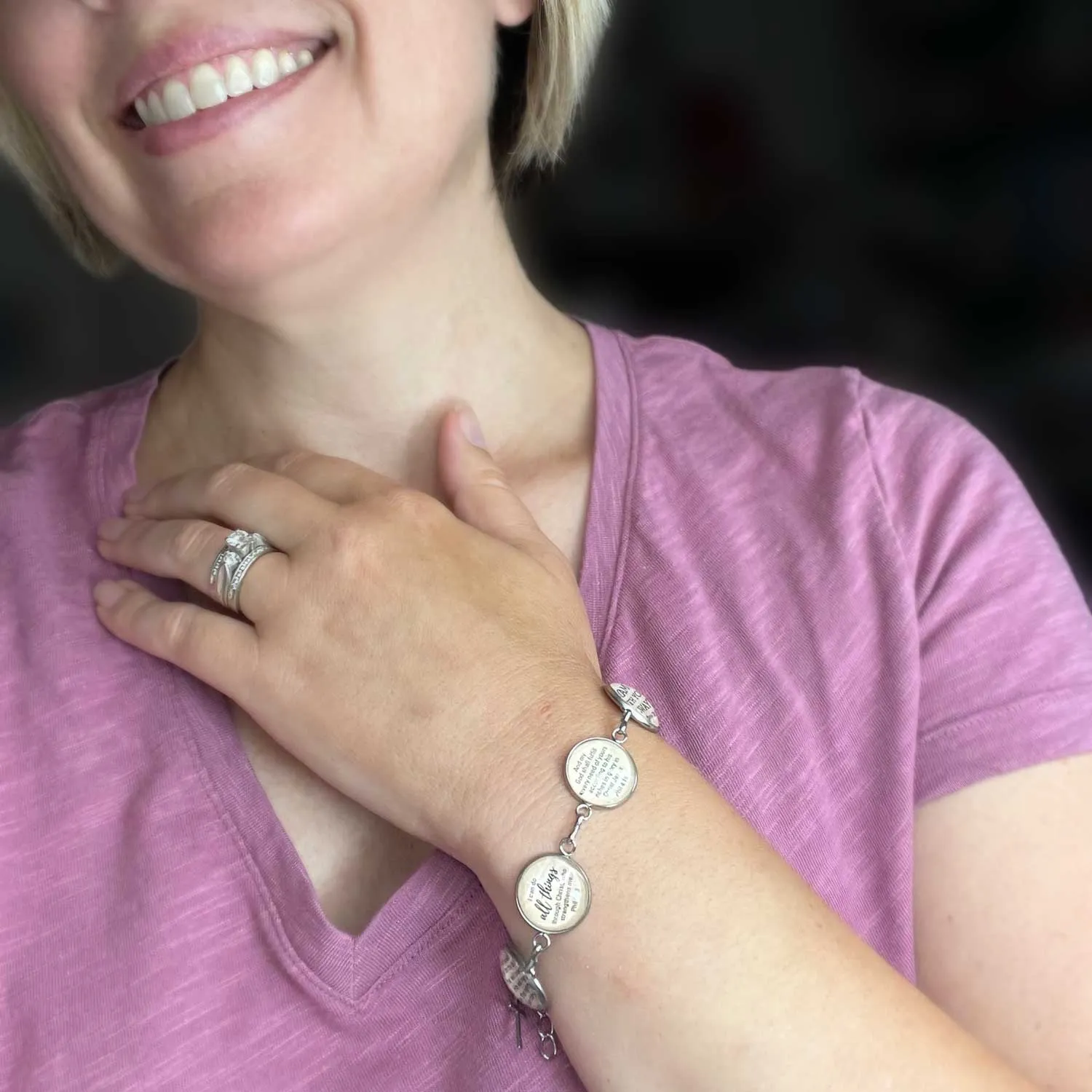 Love, Joy, Courage, Faith, Hope, Peace - Words of Hope Glass Charm Stainless Steel Christian Bracelet, 7.5-8.75