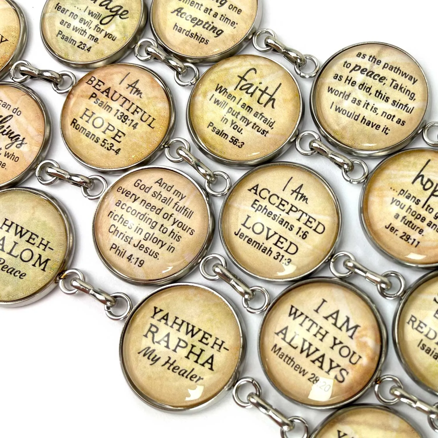 Love, Joy, Courage, Faith, Hope, Peace - Words of Hope Glass Charm Stainless Steel Christian Bracelet, 7.5-8.75