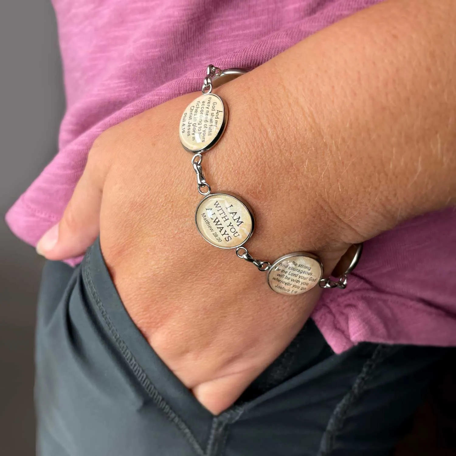 Love, Joy, Courage, Faith, Hope, Peace - Words of Hope Glass Charm Stainless Steel Christian Bracelet, 7.5-8.75