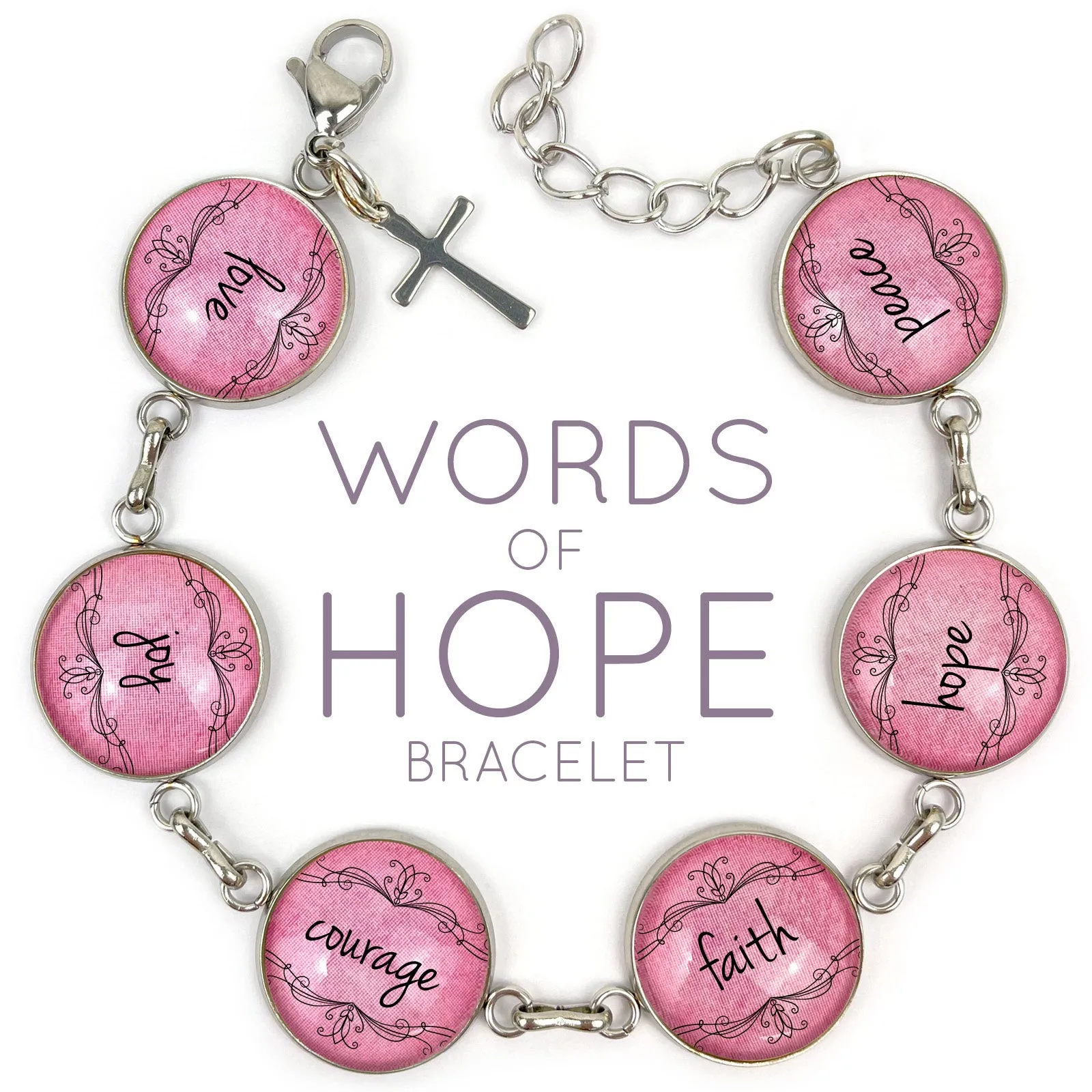 Love, Joy, Courage, Faith, Hope, Peace - Words of Hope Glass Charm Stainless Steel Christian Bracelet, 7.5-8.75