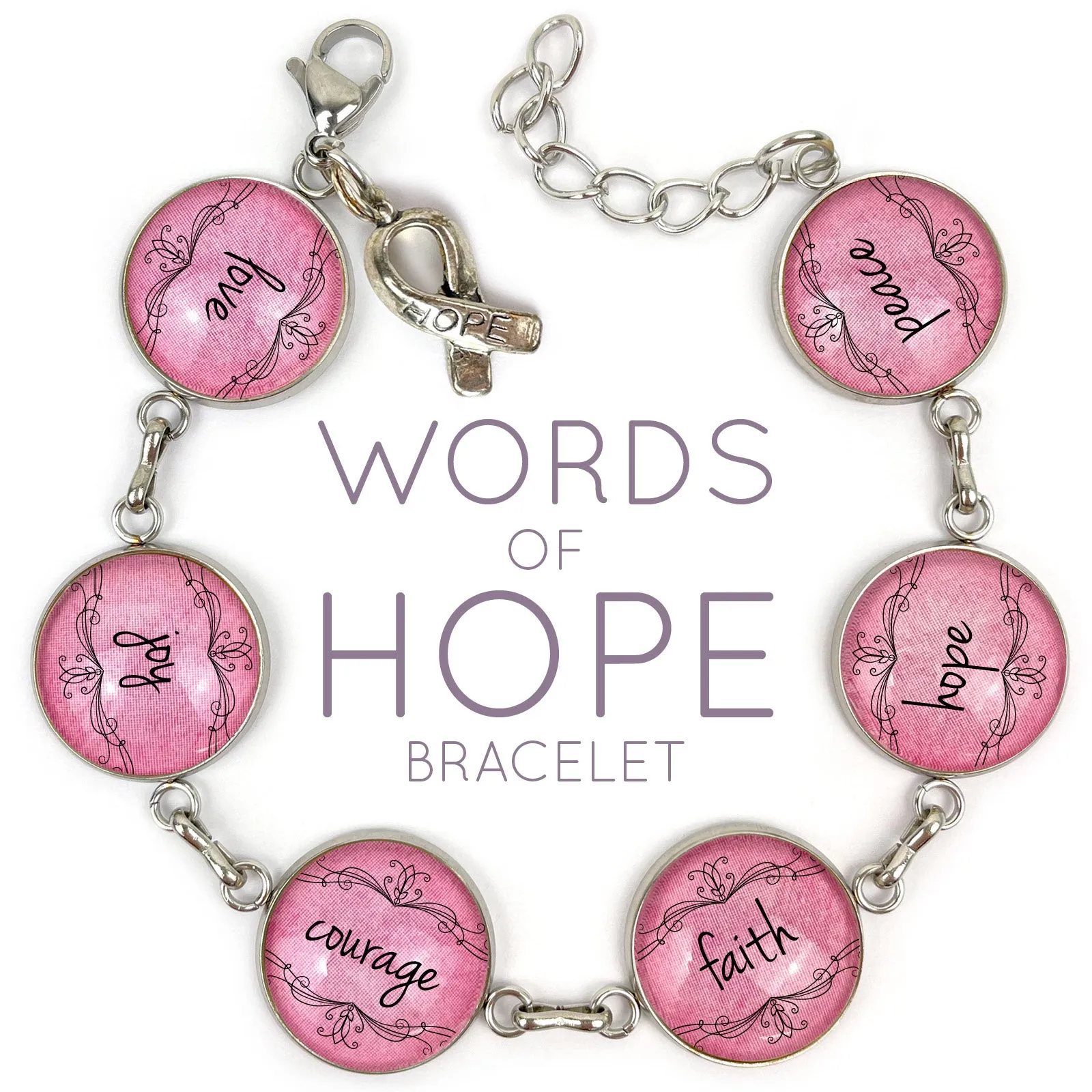 Love, Joy, Courage, Faith, Hope, Peace - Words of Hope Glass Charm Stainless Steel Christian Bracelet, 7.5-8.75