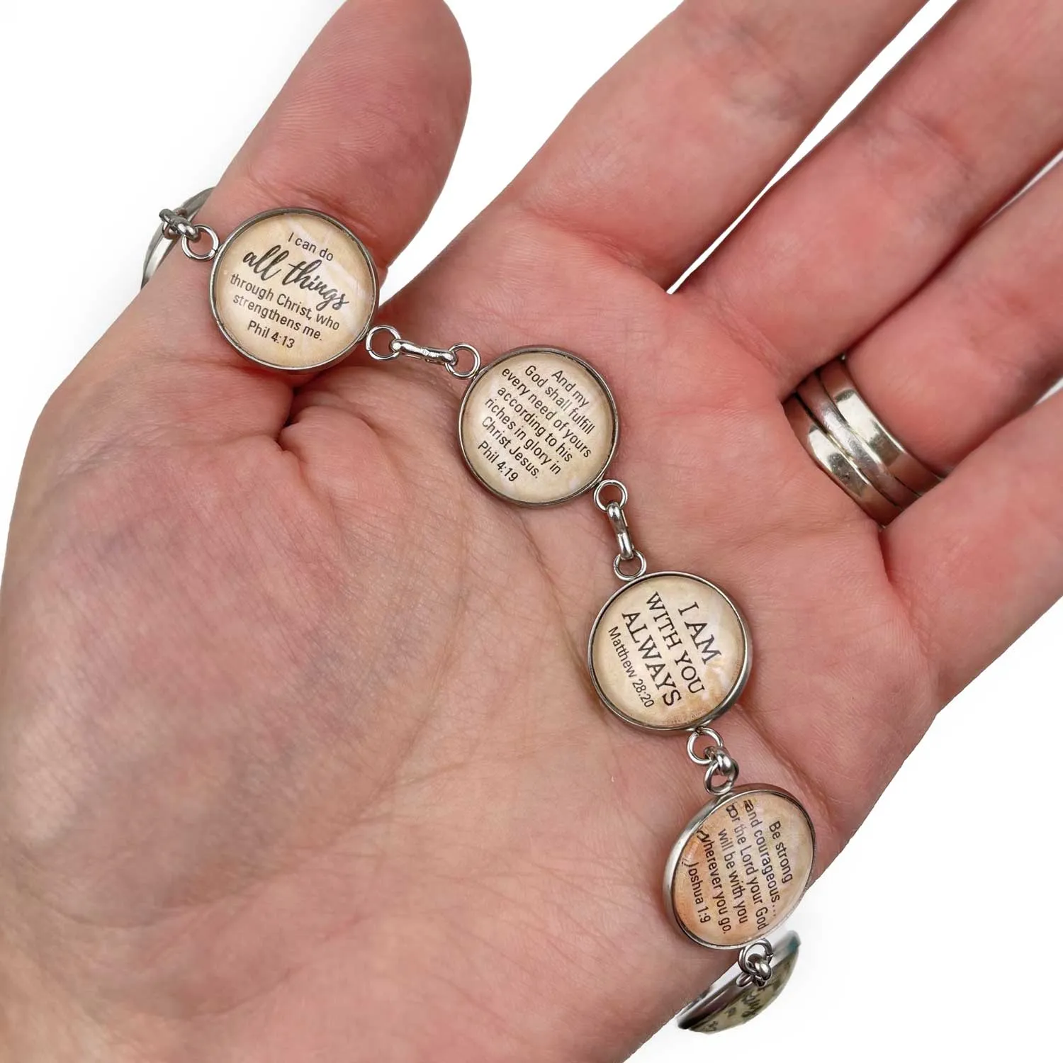 Love, Joy, Courage, Faith, Hope, Peace - Words of Hope Glass Charm Stainless Steel Christian Bracelet, 7.5-8.75