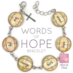 Love, Joy, Courage, Faith, Hope, Peace - Words of Hope Glass Charm Stainless Steel Christian Bracelet, 7.5-8.75
