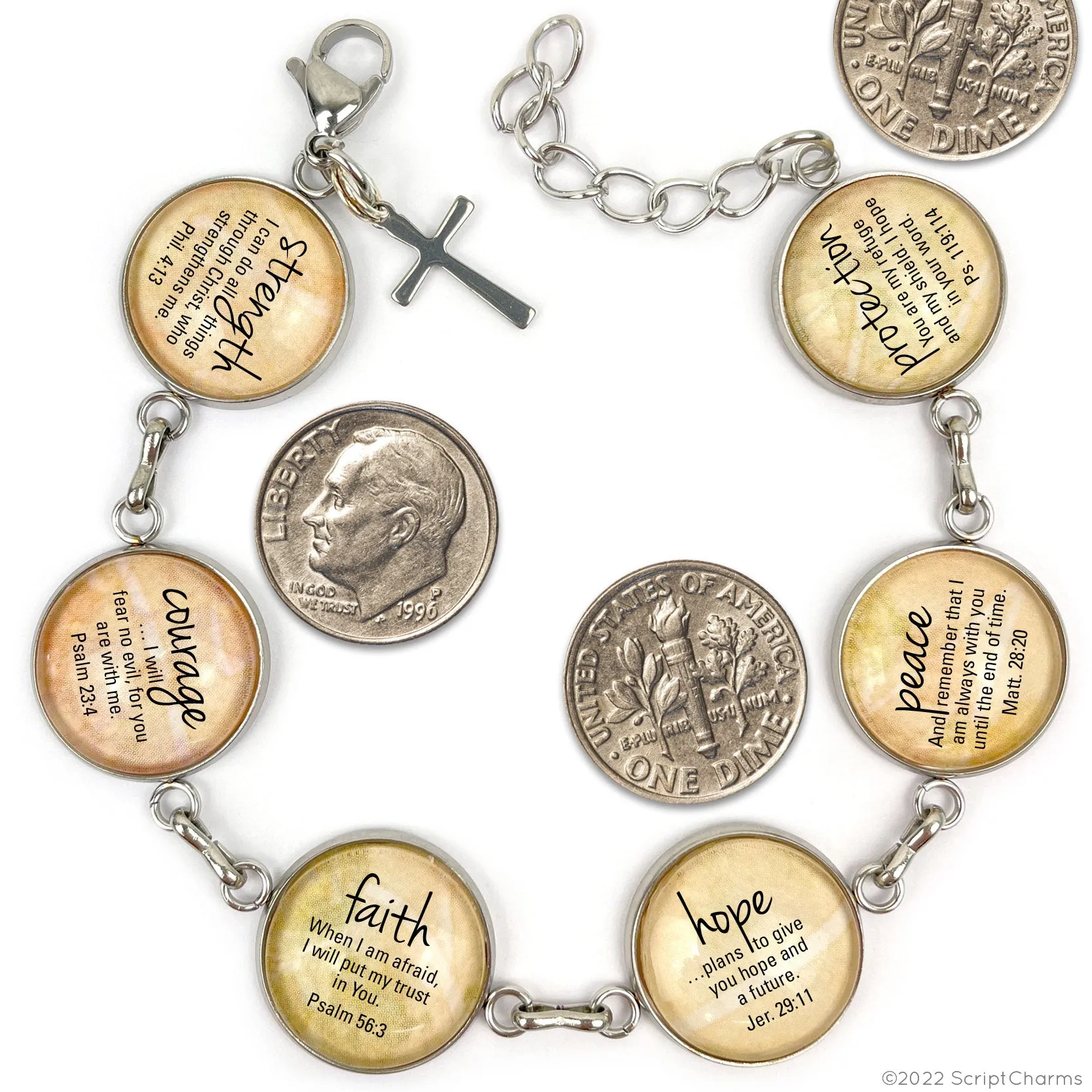 Love, Joy, Courage, Faith, Hope, Peace - Words of Hope Glass Charm Stainless Steel Christian Bracelet, 7.5-8.75