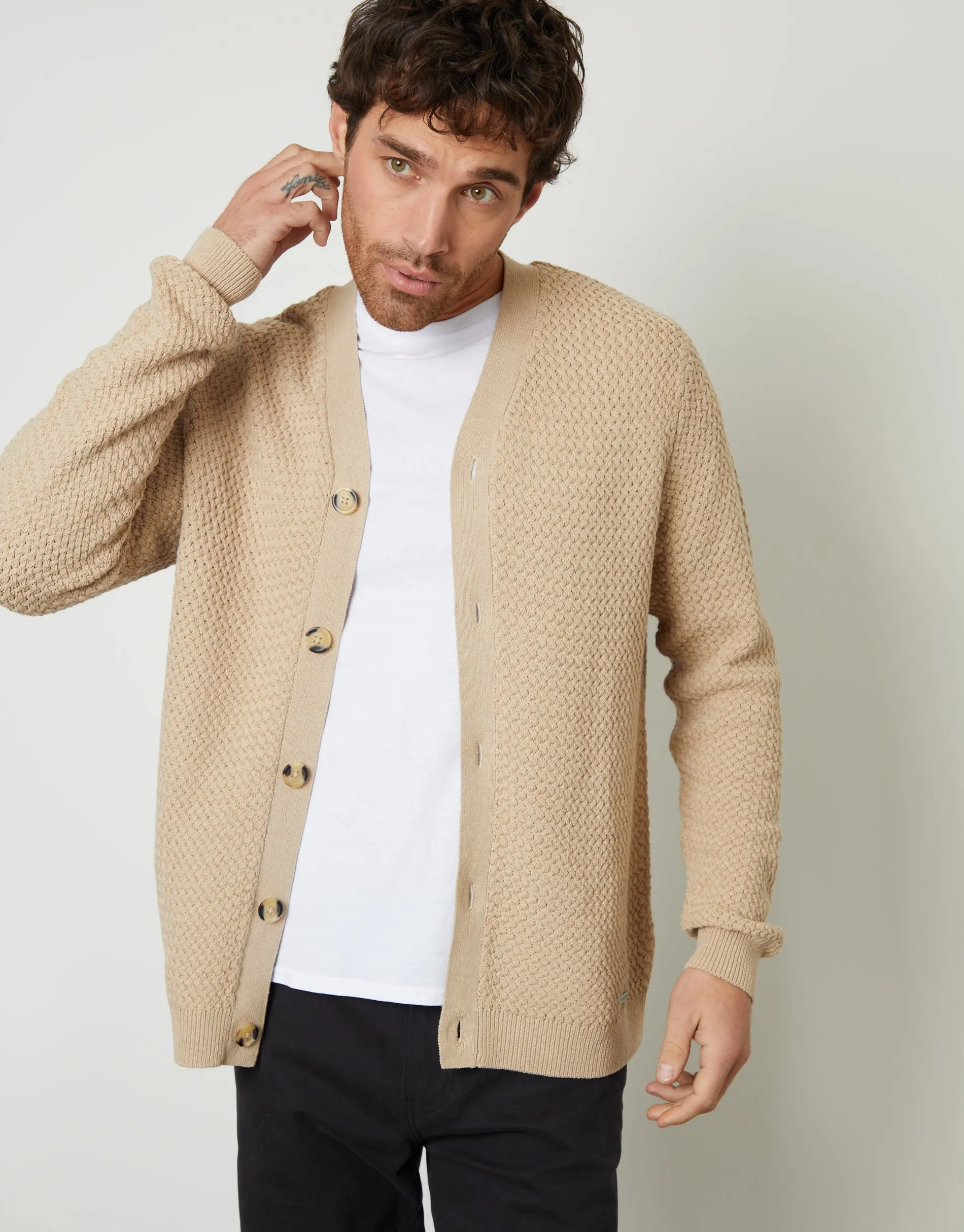 Men's Brown Basket Stitch Cardigan